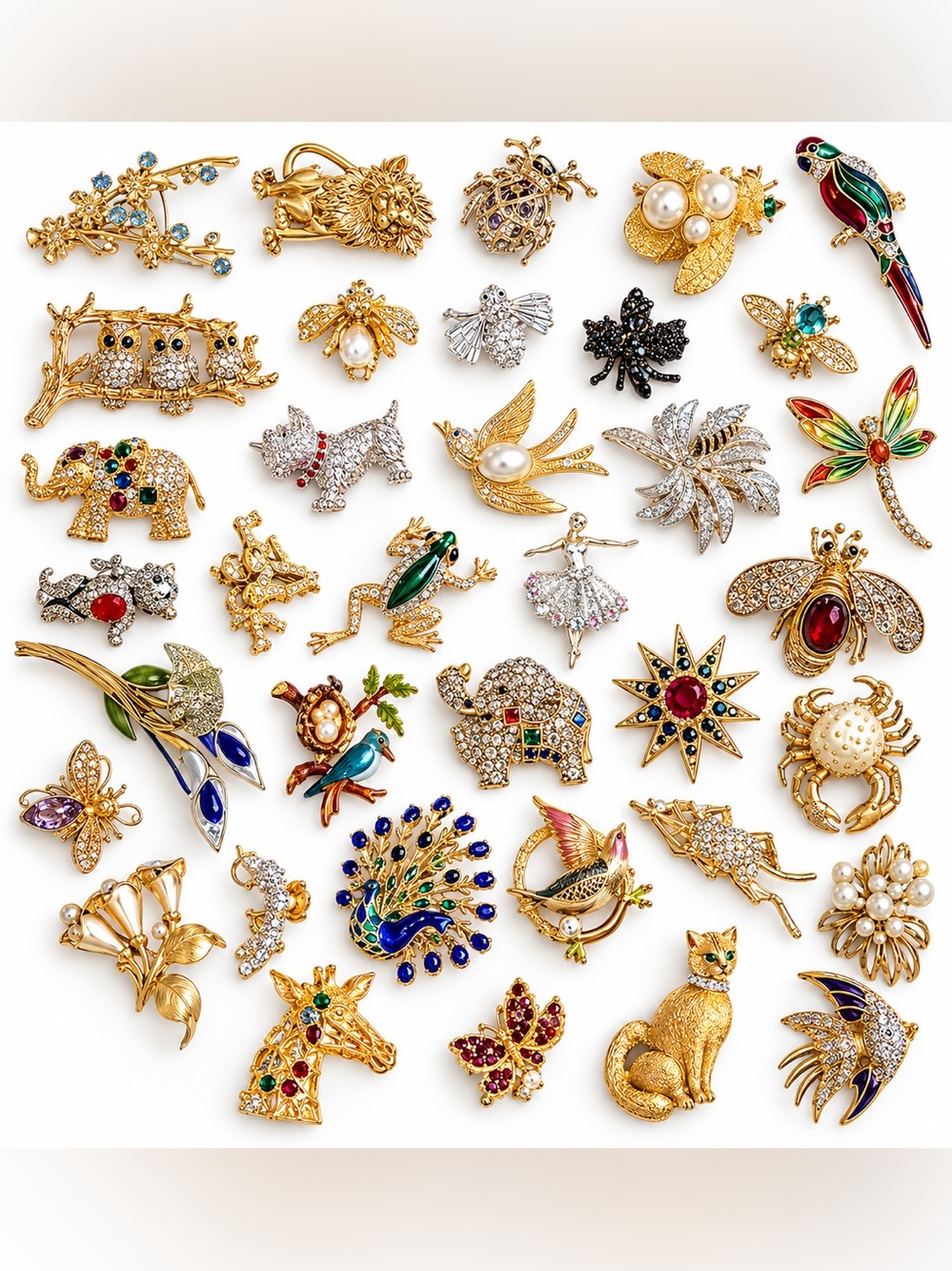 Lot of 36 Gold-Tone Multicolor Animal & Nature Brooch Collection